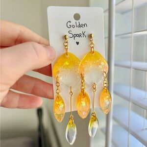 🔴 SOLD Golden Spark Earrings ✨ Handmade Resin Statement Jewelry, Glitter Drop